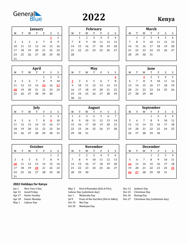 2022 Kenya Holiday Calendar - Monday Start