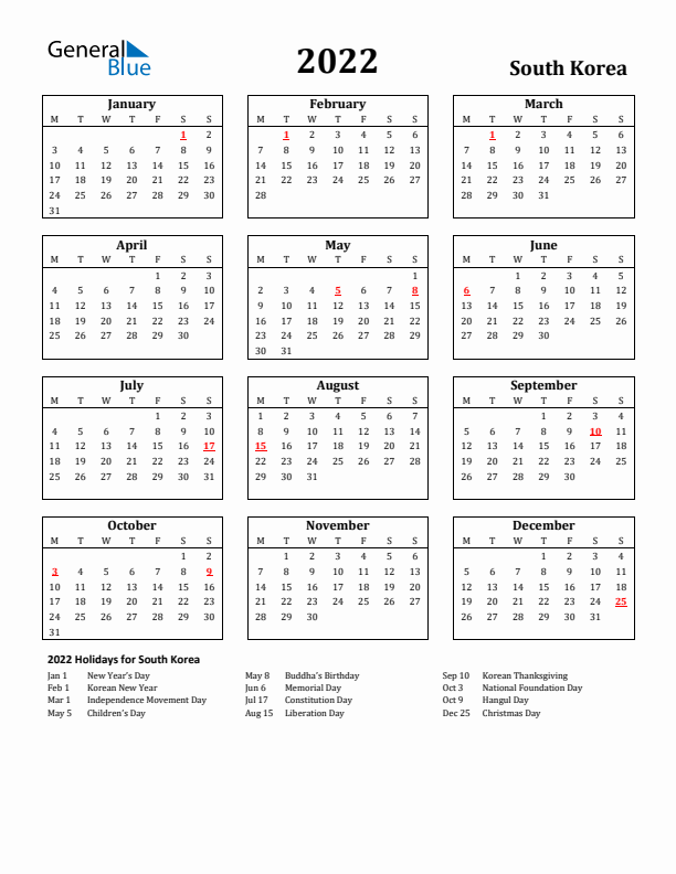 2022 South Korea Holiday Calendar - Monday Start
