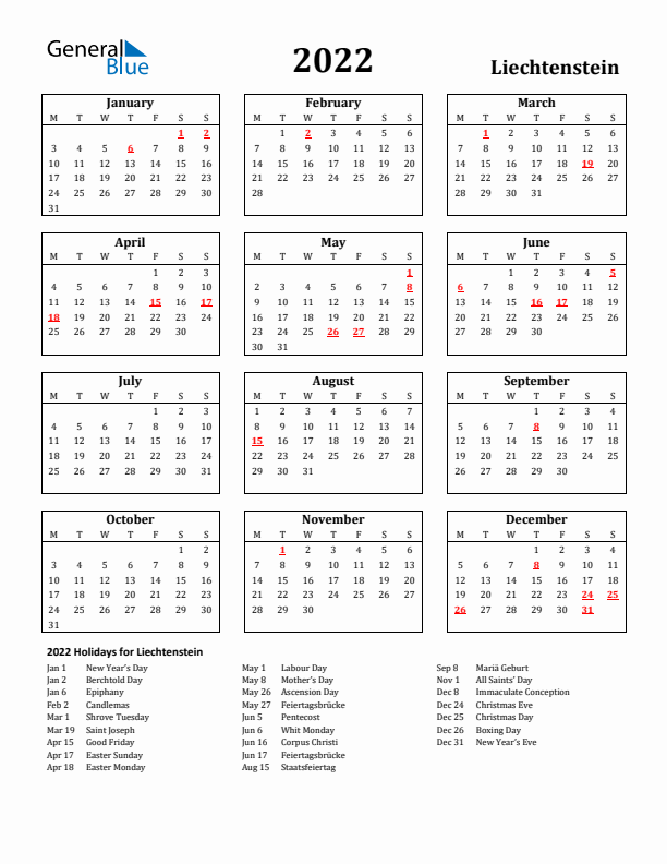 2022 Liechtenstein Holiday Calendar - Monday Start