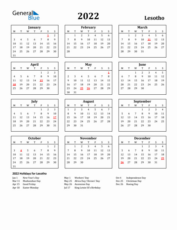 2022 Lesotho Holiday Calendar - Monday Start