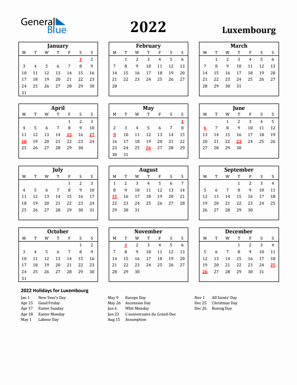 2022 Luxembourg Holiday Calendar - Monday Start