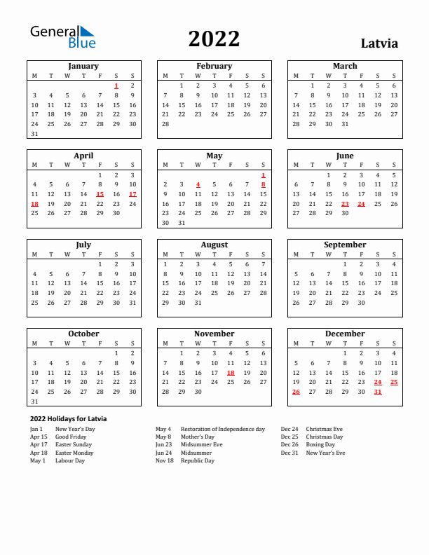 2022 Latvia Holiday Calendar - Monday Start