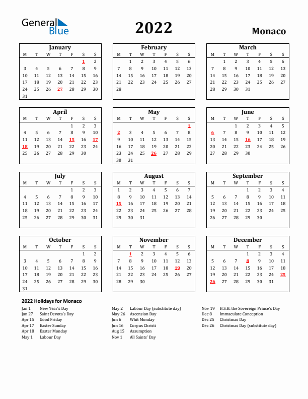 2022 Monaco Holiday Calendar - Monday Start