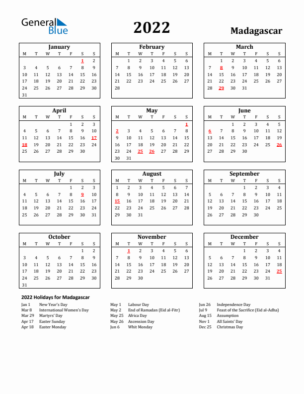 2022 Madagascar Holiday Calendar - Monday Start