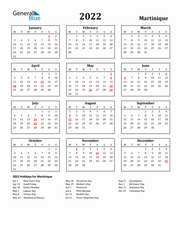 2022 Martinique Holiday Calendar - Monday Start