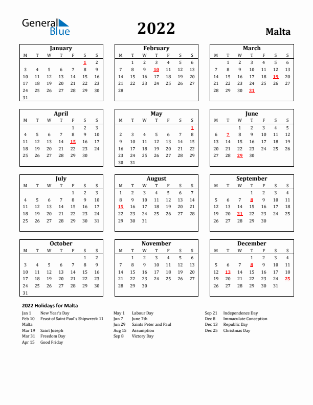 2022 Malta Holiday Calendar - Monday Start