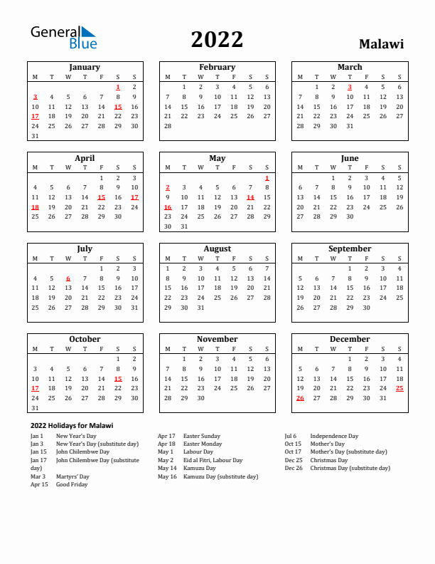 2022 Malawi Holiday Calendar - Monday Start