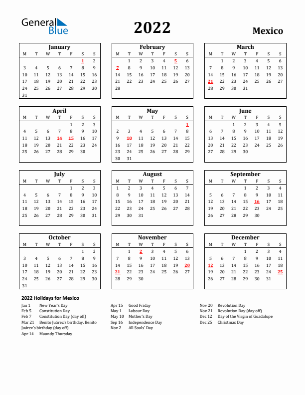 2022 Mexico Holiday Calendar - Monday Start