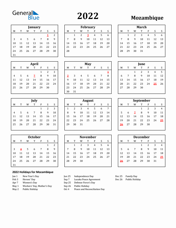 2022 Mozambique Holiday Calendar - Monday Start