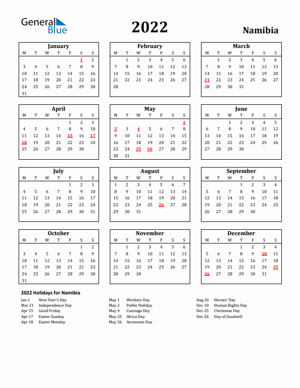 2022 Namibia Holiday Calendar - Monday Start