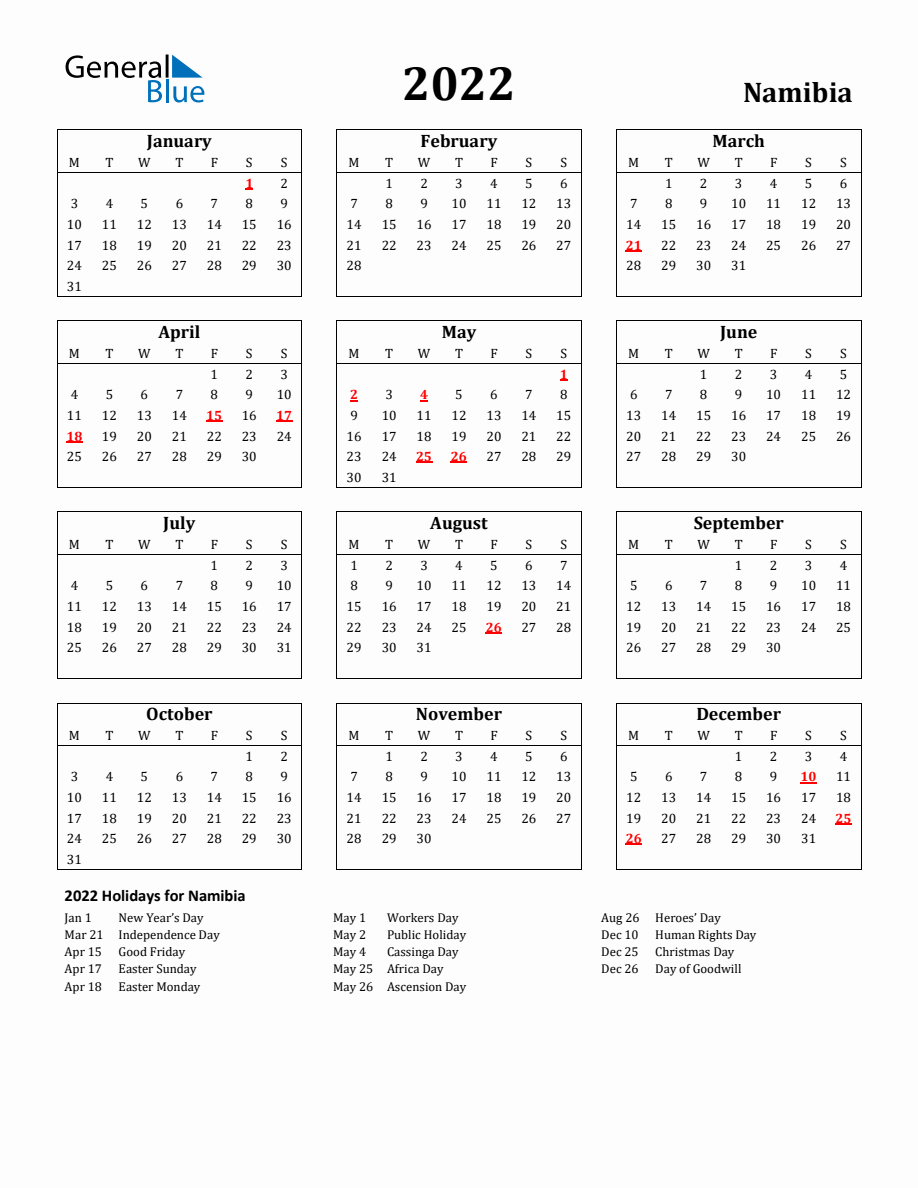 Free Printable 2022 Namibia Holiday Calendar