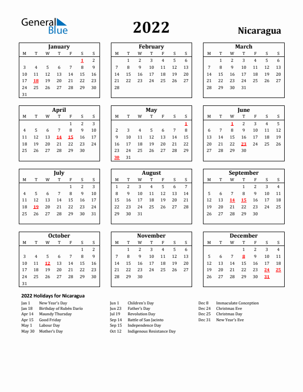 2022 Nicaragua Holiday Calendar - Monday Start