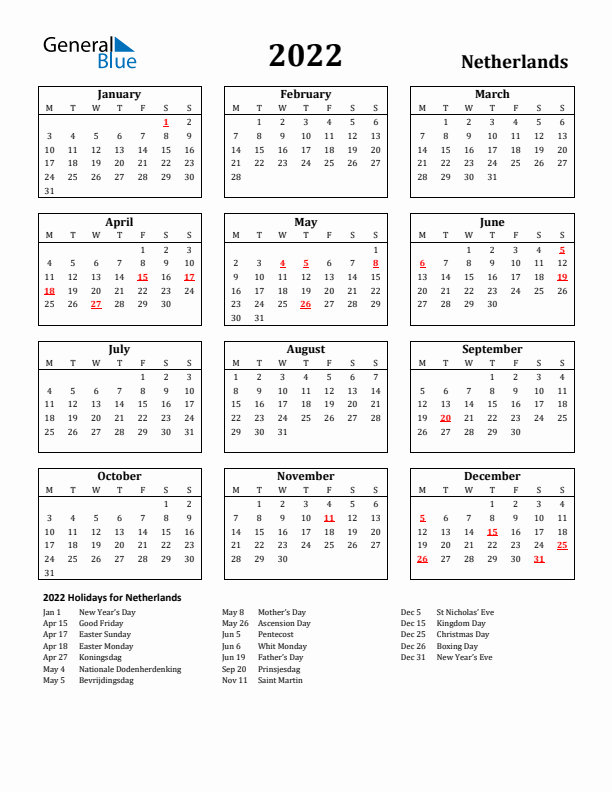 2022 The Netherlands Holiday Calendar - Monday Start