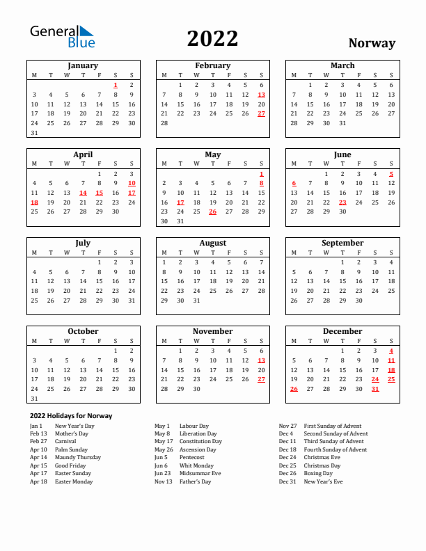 2022 Norway Holiday Calendar - Monday Start