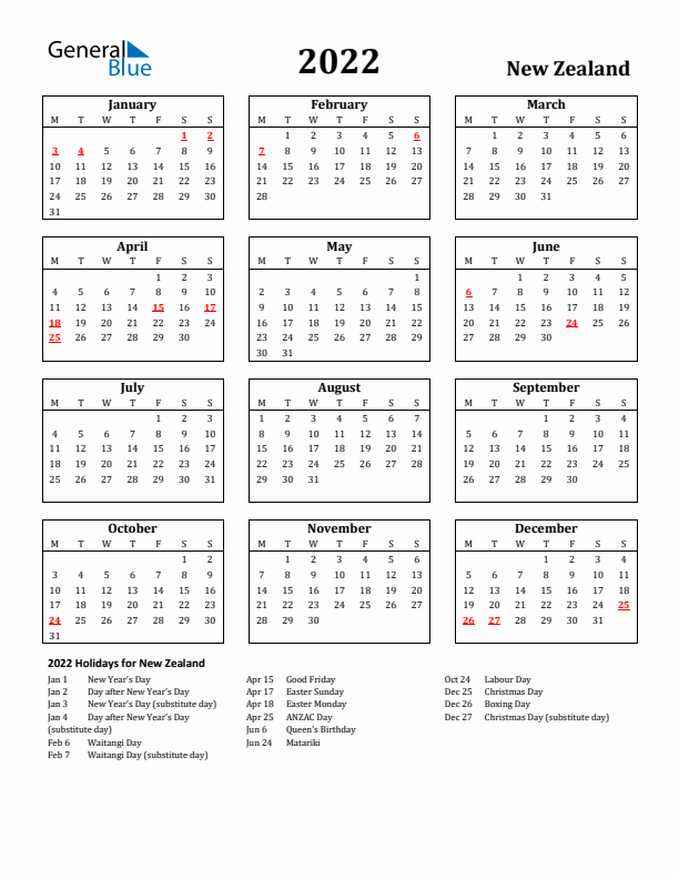 2022 New Zealand Holiday Calendar - Monday Start