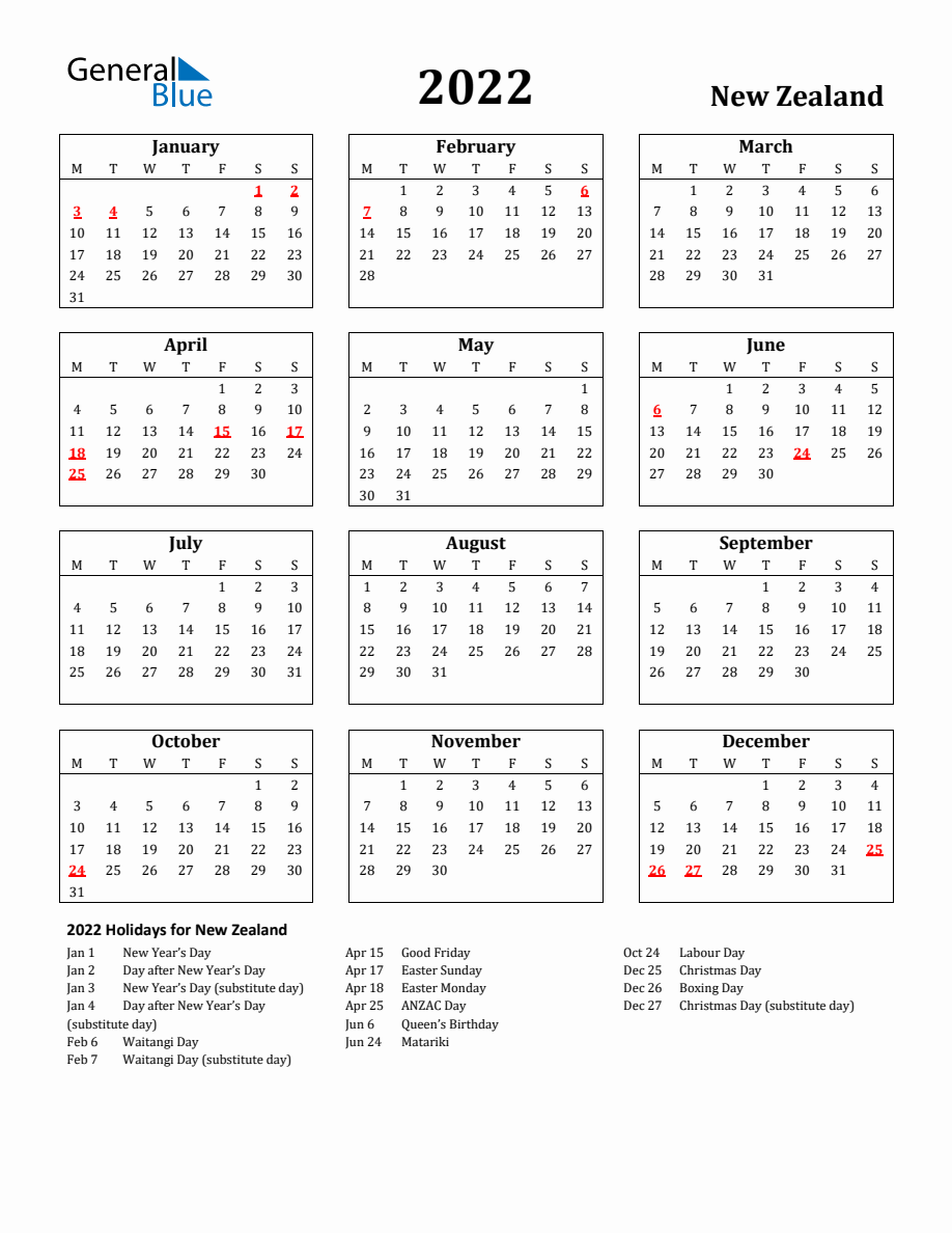 Free Printable 2022 New Zealand Holiday Calendar 8279