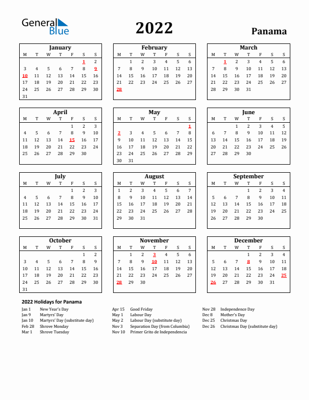 2022 Panama Holiday Calendar - Monday Start