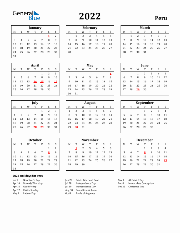 2022 Peru Holiday Calendar - Monday Start
