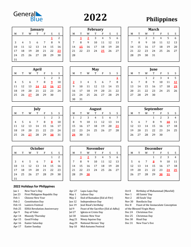 2022 Philippines Holiday Calendar - Monday Start