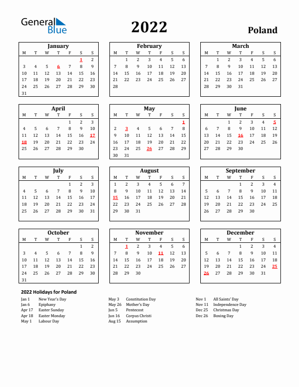 2022 Poland Holiday Calendar - Monday Start