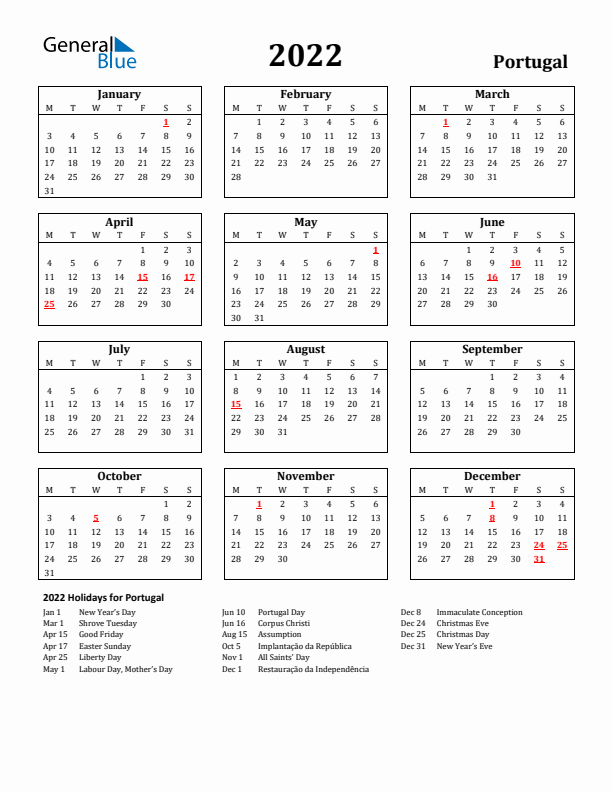 2022 Portugal Holiday Calendar - Monday Start