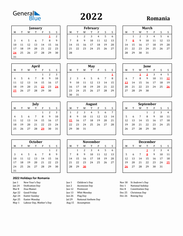 2022 Romania Holiday Calendar - Monday Start