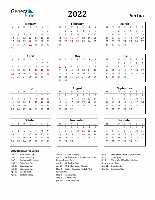 2022 Serbia Holiday Calendar - Monday Start