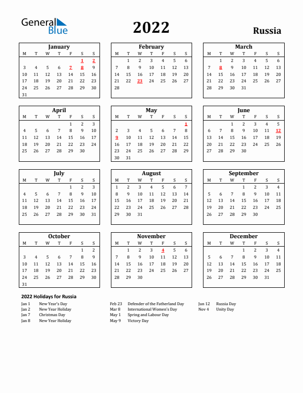 2022 Russia Holiday Calendar - Monday Start