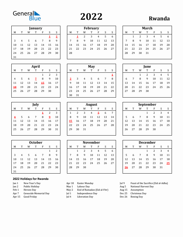 2022 Rwanda Holiday Calendar - Monday Start