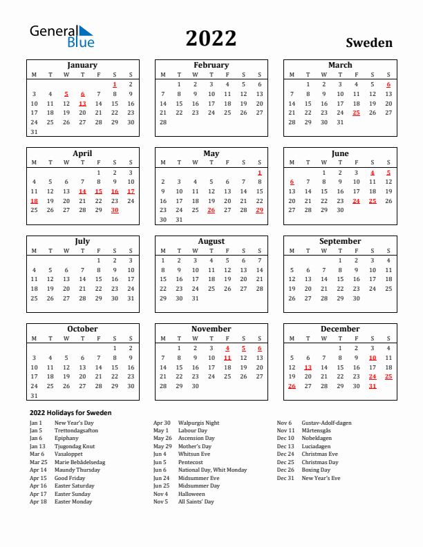 2022 Sweden Holiday Calendar - Monday Start