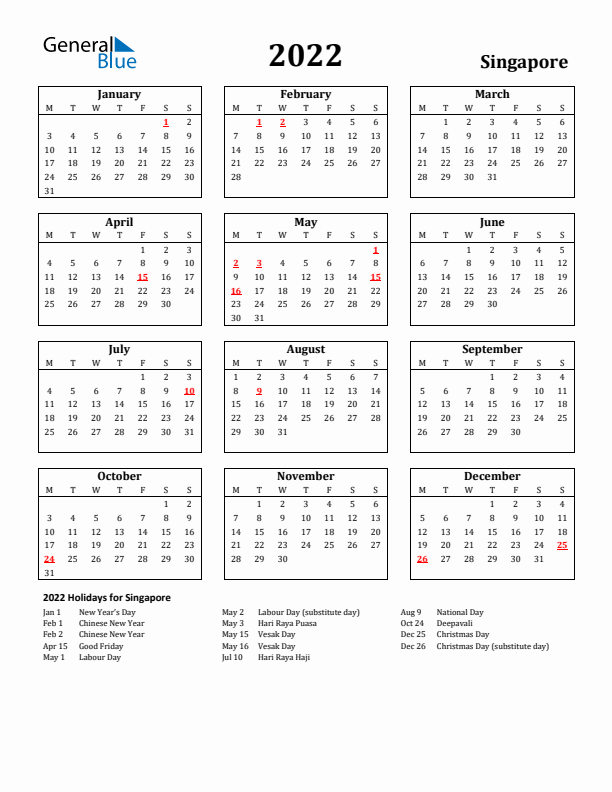 2022 Singapore Holiday Calendar - Monday Start