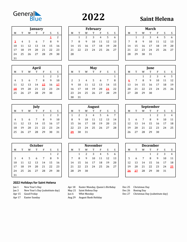 2022 Saint Helena Holiday Calendar - Monday Start