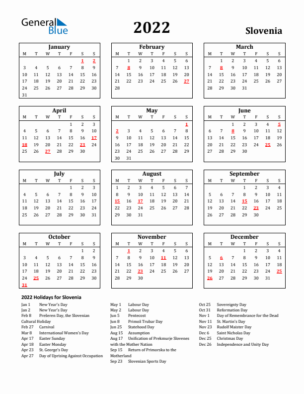 2022 Slovenia Holiday Calendar - Monday Start