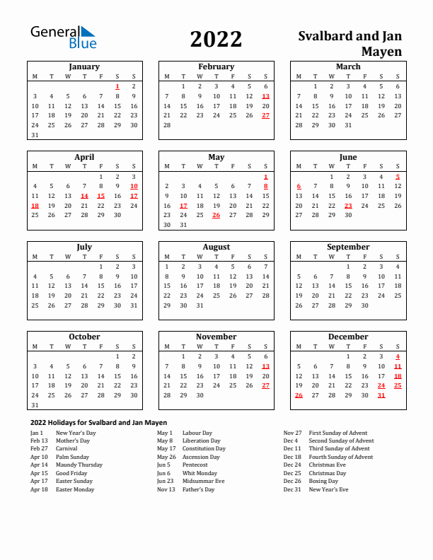 2022 Svalbard and Jan Mayen Holiday Calendar - Monday Start