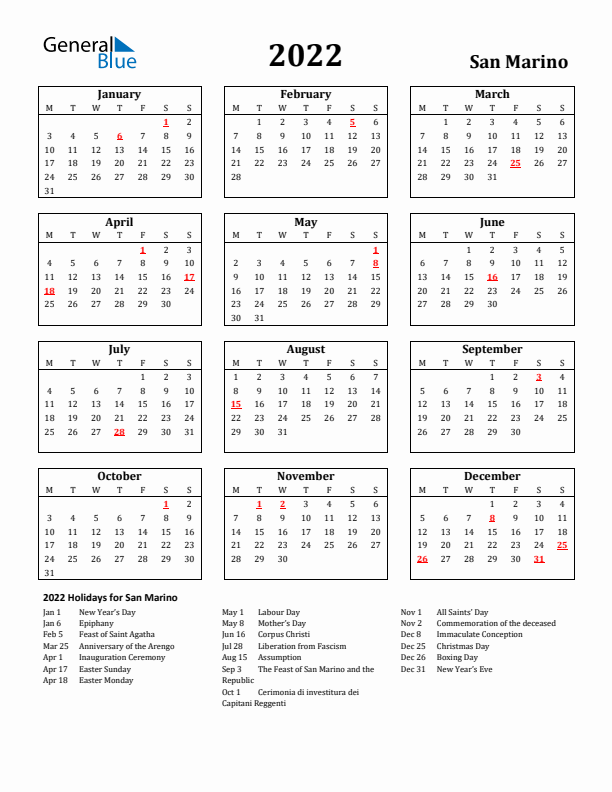 2022 San Marino Holiday Calendar - Monday Start