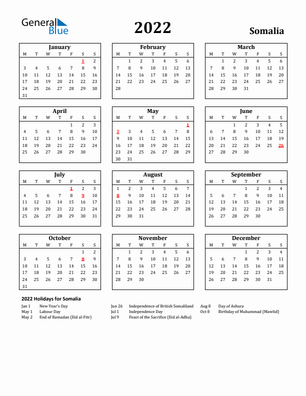 2022 Somalia Holiday Calendar - Monday Start