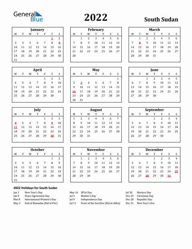 2022 South Sudan Holiday Calendar - Monday Start