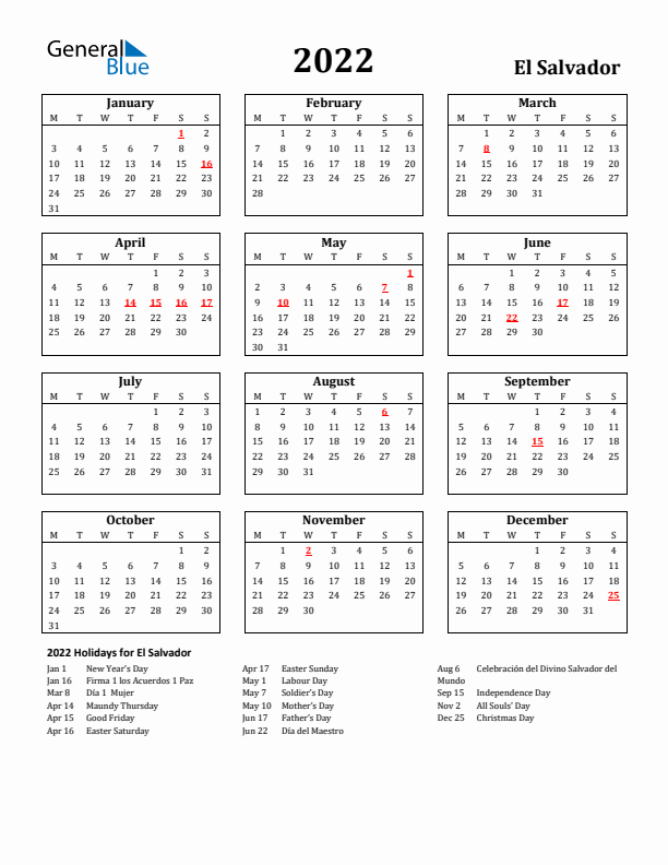 2022 El Salvador Holiday Calendar - Monday Start