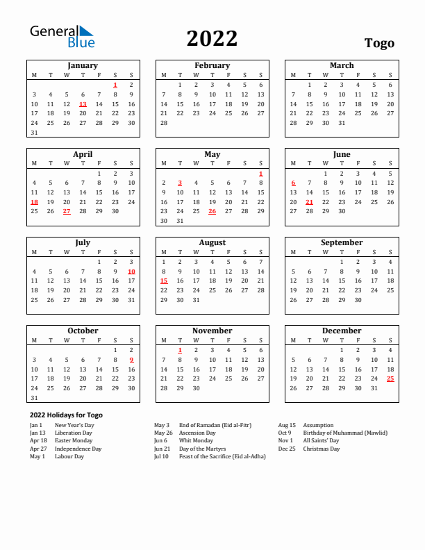 2022 Togo Holiday Calendar - Monday Start