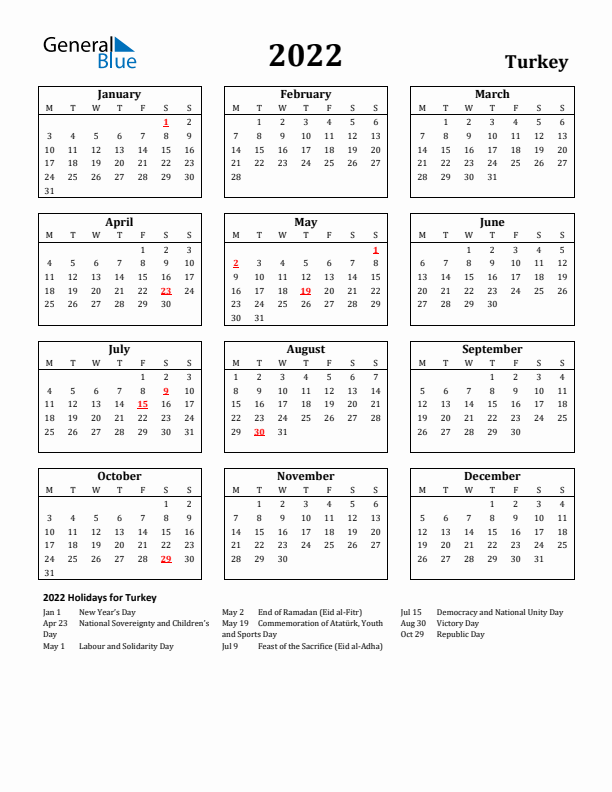 2022 Turkey Holiday Calendar - Monday Start