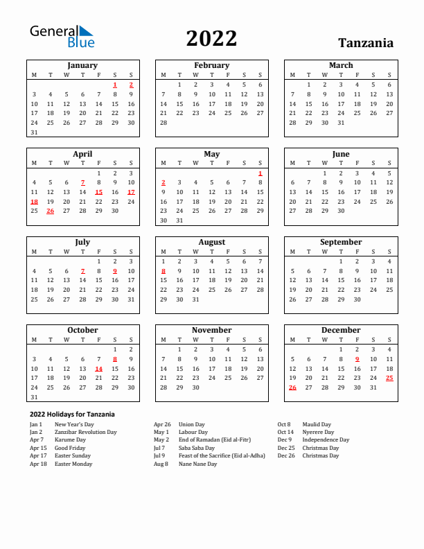 2022 Tanzania Holiday Calendar - Monday Start