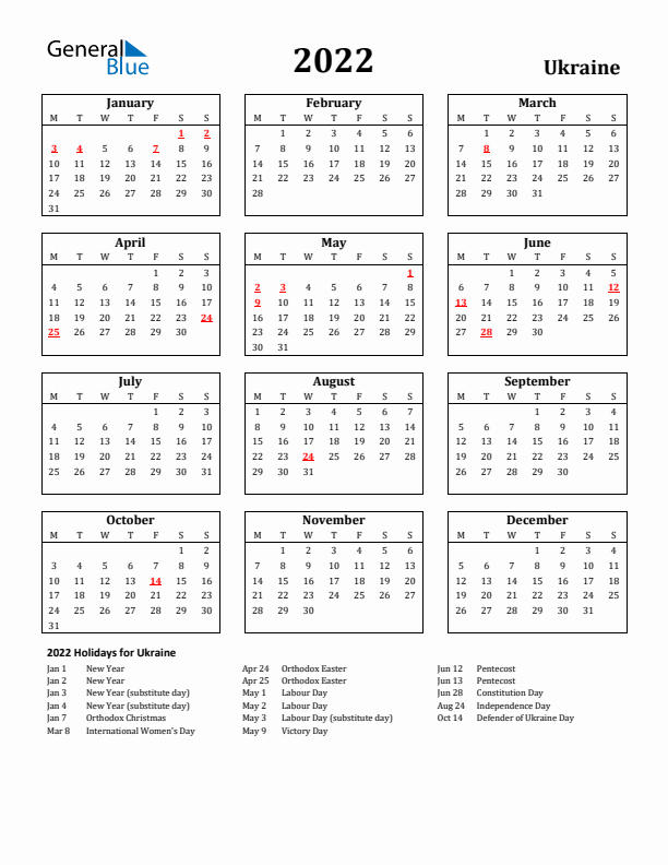 2022 Ukraine Holiday Calendar - Monday Start