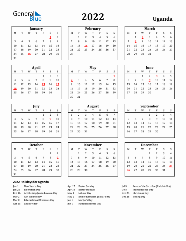 2022 Uganda Holiday Calendar - Monday Start