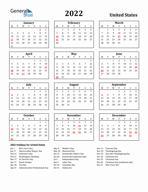 2022 United States Holiday Calendar - Monday Start