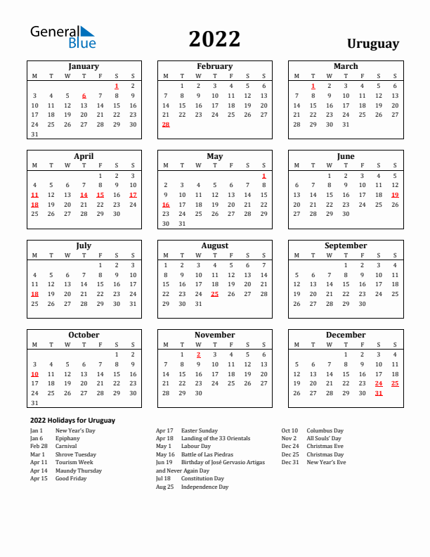 2022 Uruguay Holiday Calendar - Monday Start