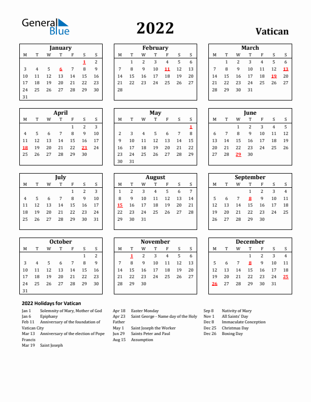 2022 Vatican Holiday Calendar - Monday Start