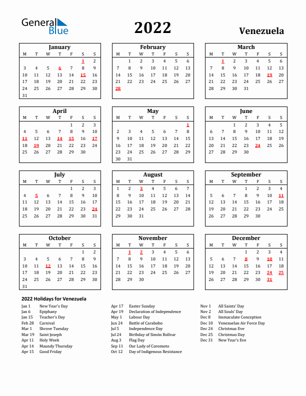 2022 Venezuela Holiday Calendar - Monday Start