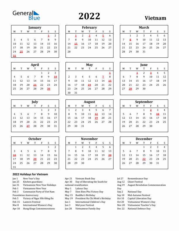2022 Vietnam Holiday Calendar - Monday Start