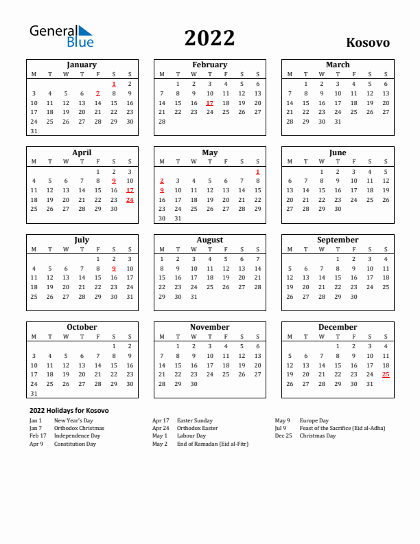 2022 Kosovo Holiday Calendar - Monday Start