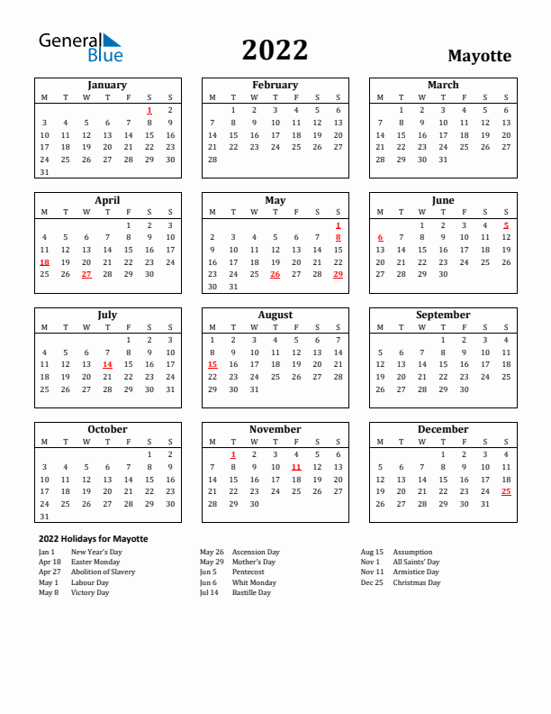 2022 Mayotte Holiday Calendar - Monday Start